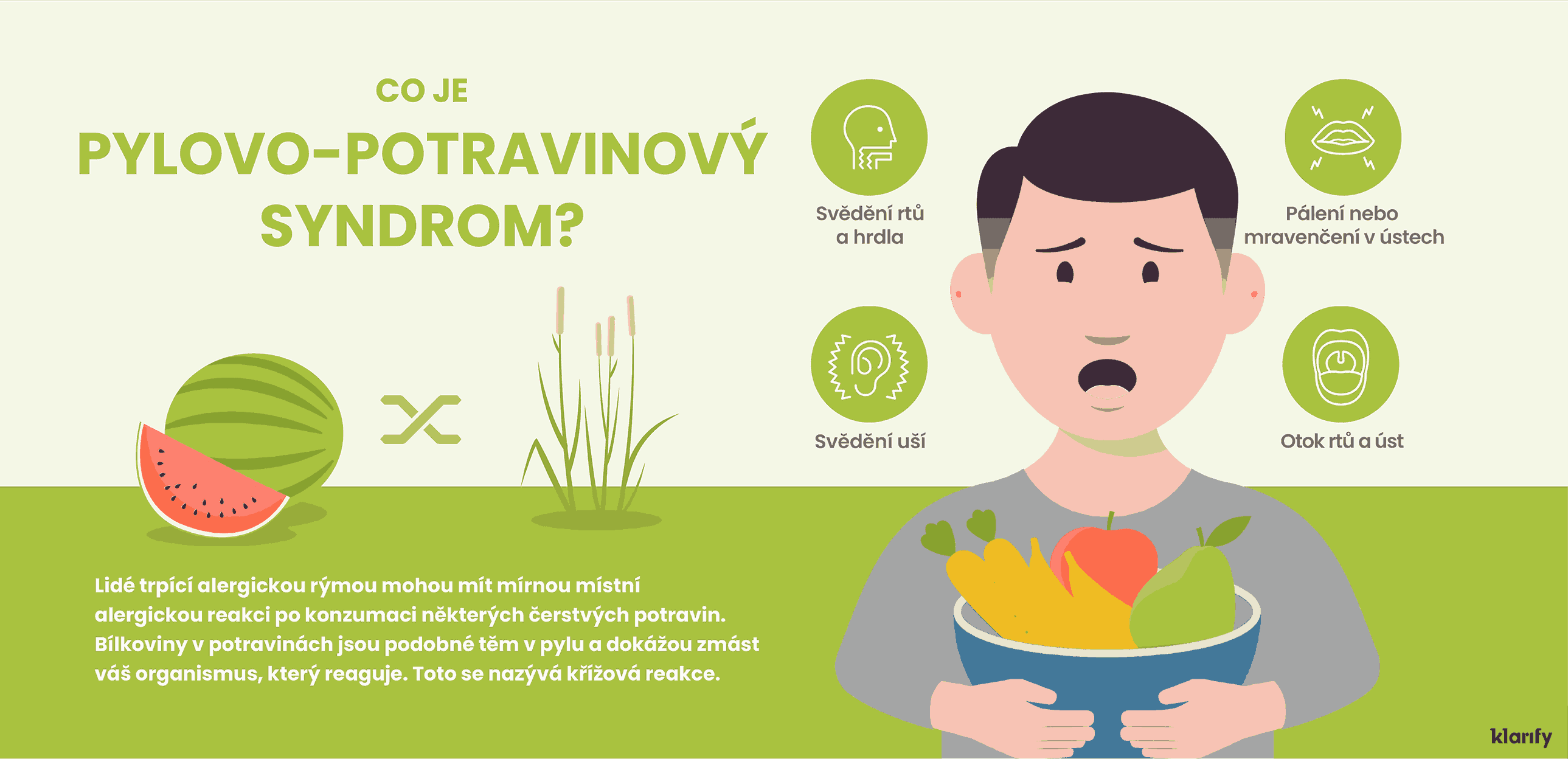 Infografika popisující peľovo-potravinový syndróm, při kterém alergická rýma vyvolává reakce při konzumaci potravy. Podrobnosti infografiky jsou uvedeny níže.